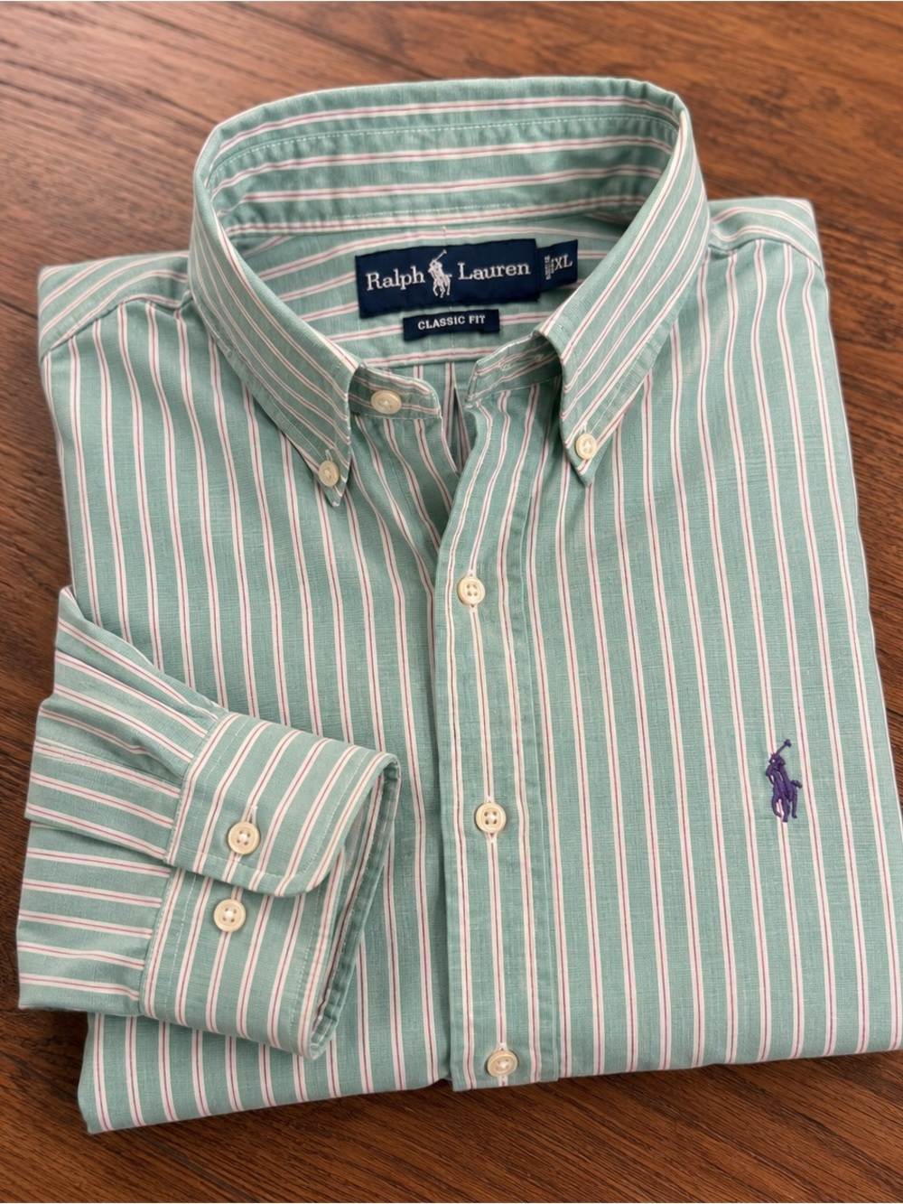 Ralph Lauren Mens XL Classic Fit Green Striped Cotton Button Down Shirt